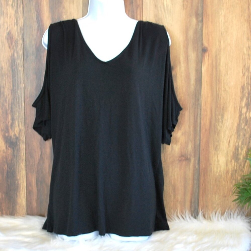 Venus Women's Plus Size Black Cold Shoulder Tee Stretch Blouse 1X